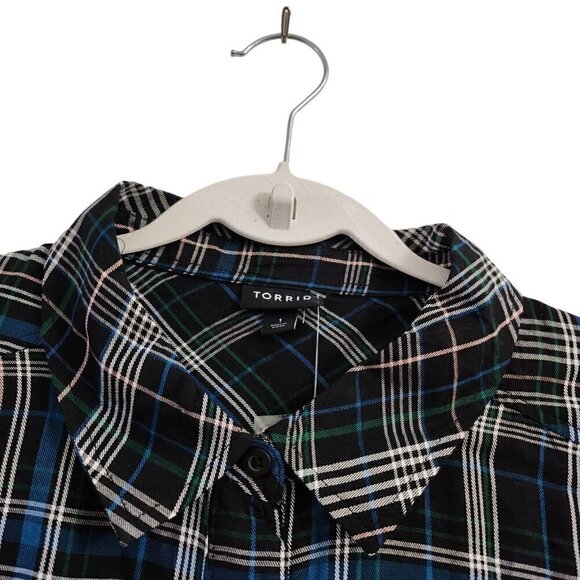 Torrid Top 1X Black Plaid‎ Lizzie Rayon Twill Button-Up Long Sleeve Shirt NWT - Picture 3 of 13